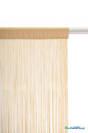 Detailed view of the light gold fabric header and dense strands on the Nassau Polyester & Cotton String Curtain Backdrop 35" Wide x 6' Long — ShopWildThings.com