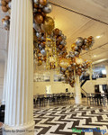 Mixed Metals Balloons and Curtains Ceiling Decor for 40th Party
ShopWildThings "Kate" Beaded Curtains added shimmer to this chic 40th birthday ceiling installation. These lightweight PVC curtains with metallic circles and crystal beads are easy to customize for any event. Available in silver or gold as full beaded curtains or columns, plus more metallic PVC styles to mix and match.
Glam Gold Silver Bronze Copper Black Dance Floor Decor