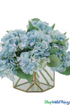 Pretty Blue Faux Flowers Hydrangrea Blooms in Geometric Glass Terrarium Pretty Blue Faux Flowers Hydrangrea Blooms in Geometric Glass Terrarium