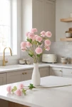 Ball Mum Pom Pom Spray, 26" Tall Pink Decorative Floral Stem from ShopWildThings.com styled in a bright modern kitchen vase arrangement