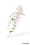 41" White Cascading "Spring Blossom" Spray – Extra-Full Silk Floral Waterfall from ShopWildThings.com shown as a full faux floral waterfall on a soft studio background, featuring white blossoms, bendable stems, green leaves, and a long cascading silhouette.