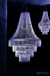 Belvedere empire style chandelier showing multi-tier circular frame with hanging diamond crystal bead strands and faceted teardrop pendants
