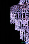 Antique silver ornate metal frame of Belvedere chandelier with crystal bead strands and hanging diamond acrylic pendants