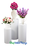 White Metal Cylinder Display Stands, Set of 4 Round Plinth Pedestal Risers ShopWildThings Event Decorations Floral Stands