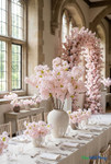 Upscale wedding reception venue decorated with light blush pink artificial cherry blossom branches in vases and floral arch, ShopWildThings.com