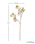 Artificial cherry blossom branch 33 inches tall with 9 to 14 inch width shown with size dimensions on white background