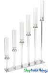 6 Tier Rectangle Crystal Glass Stem Cylinder Cluster Candelabra on Mirrored Base 6 Tier Rectangle Crystal Glass Stem Cylinder Cluster Candelabra on Mirrored Base
