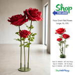 Oversized red artificial roses displayed in Olive Green Triple Support Flower Stand in minimal room setting with detail inset of base ShopWildThings.com