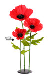 ShopWildThings.com Oversized Large Silk Poppy Bloom in vibrant red, 40 inches tall by 14 inches wide, with three lifelike blossoms and bright green leaves for striking floral displays.