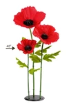 ShopWildThings.com Oversized Large Silk Poppy Bloom in vibrant red, 40 inches tall by 14 inches wide, with three lifelike blossoms and bright green leaves for striking floral displays.