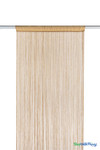 “Full-length 10-foot Honey Gold String Curtain displayed hanging from a rod. High-quality polyester strands create an airy, modern backdrop for events or window displays.”