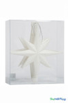 Packaged set of ShopWildThings 8” Star of Bethlehem 3-D ornaments, four white glitter hanging decorations neatly boxed for retail display.