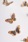 Rustic orange and tan feather butterfly garland, featuring hand-painted butterflies with floral details, displayed against white backdrop.