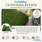 ShopWildThings Boxwood Roll 40 x 120 inch commercial-grade greenery wall roll with easy setup, zero maintenance, and fire-rated UV-treated foliage. Indoor and outdoor artificial boxwood mat providing 33 square feet of coverage. Illustrated size comparison shows 10-foot-tall panel and 6-foot person for scale.