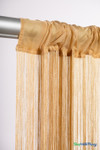 Close-up detail of Golden Blonde String Curtain rod pocket and fire-rated silky strands, showing texture and craftsmanship.