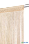 Close-up detail of Golden Blonde String Curtain rod pocket and fire-rated silky strands, showing texture and craftsmanship.