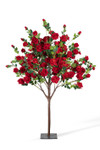 Artificial red rose tree on metal base featuring full floral canopy and realistic trunk for weddings and event décor