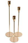 Minimalist long stem gold metal candle holder set of three with round bases and sleek tapered cups for modern table centerpieces