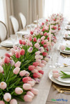 Real feel artificial tulip table runner centerpiece with pink, white, and purple tulips on elegant wedding table – ShopWildThings.com