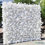 8x8 White Artificial Flower Wall Panel backdrop with dense roses, hydrangeas and baby’s breath, outdoor event installation – ShopWildThings.com