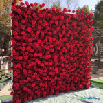 8x8 Artificial Red Rose Flower Wall Backdrop Angled View Realistic Dense Floral Panel Event Decor ShopWildThings.com