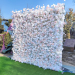 8 foot by 8 foot white and soft pink flower wall backdrop angled view, dense 5D rose floral wall, ShopWildThings.com