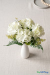 Overhead lifestyle view of Cream White Hydrangea Bouquet with 7 artificial stems arranged in white vase, ShopWildThings.com