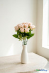 12 Silk Rose Bud Bundle – 19.5" Peach Floral Spray by ShopWildThings, elegant peach silk rose bouquet in white vase for wedding centerpieces and event decor