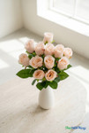 12 Silk Rose Bud Bundle – 19.5" Peach Floral Spray by ShopWildThings, soft peach artificial rose buds styled in a white vase for bridal showers, weddings, and romantic centerpieces