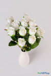 Ivory artificial rose bud bouquet displayed flat with 9" bendable stems and natural-looking greenery for event florals