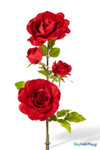 Oversized Red Velvet Roses on Stem 52" close-up showing full faux velvet rose blooms, rose buds, and realistic green leaves, ShopWildThings.com