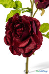 Oversized Burgundy Velvet Roses on Stem 52" macro detail showing deep burgundy velvet petals and layered rose bloom texture, ShopWildThings.com