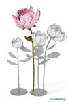 Oversized Dusty Pink Artificial Silk Lotus Flower from ShopWildThings.com shown in multiple floor-standing sizes with pink ombre silk petals, green stems, leaves, and black display bases