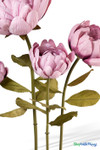 Oversized Dusty Pink Artificial Silk Lotus Flower from ShopWildThings.com shown in multiple floor-standing sizes with pink ombre silk petals, green stems, leaves, and black display bases