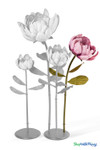 Oversized Dusty Pink Artificial Silk Lotus Flower from ShopWildThings.com shown in multiple floor-standing sizes with pink ombre silk petals, green stems, leaves, and black display bases