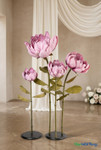 Oversized Dusty Pink Artificial Silk Lotus Flower from ShopWildThings.com shown in multiple floor-standing sizes with pink ombre silk petals, green stems, leaves, and black display bases