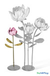 Oversized Dusty Pink Artificial Silk Lotus Flower from ShopWildThings.com shown in multiple floor-standing sizes with pink ombre silk petals, green stems, leaves, and black display bases