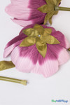 Oversized Dusty Pink Artificial Silk Lotus Flower from ShopWildThings.com shown in multiple floor-standing sizes with pink ombre silk petals, green stems, leaves, and black display bases