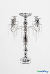 18.75" Silver Metal Candelabra Centerpiece with four sweeping arms, a raised center cup, and 16 hanging glass crystal strands on a white background from ShopWildThings.com.