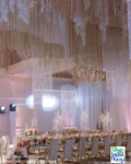 Create dazzling ceiling installation by layering Beaded, Metallic, and String Fringe Curtains by ShopWildThings.com
Need a custom color? Length? Our in-house fabrication team can make that happen!
Luxurious Wedding Reception – Grand Ceiling Decor Installation