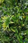 Close up of high density artificial greenery wall mat showing realistic ferns ivy grasses and layered foliage textures – 2" to 7" depth – FR Class C fire treated backdrop panel