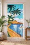 Tropical Beach Hand-Painted Bamboo Curtain infographic with dimensions and key features – ShopWildThings.com