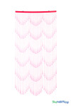 Front-facing view of Pink Raindrops Beaded Curtain showing scalloped teardrop pattern for doorway, window, or event décor.