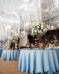 From Ceiling to Backdrop, Fringe String Curtains by ShopWildThings.com Can Do It All! Create a stunning backdrop or add a touch of magic to your ceiling. Choose from our ready-to-go colors or customize them to match your event perfectly. Need Fire Rated Decor? We offer FR String Curtains as Well!

Blue White and Gold Wedding Reception with String Fringe Curtain Ceiling Decor