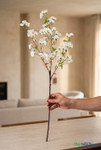 Hand holding artificial off-white cherry blossom branch for size reference in warm modern home interior setting