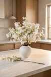 Creamy off-white cherry blossom branches in textured ceramic vase on marble kitchen countertop with warm natural window light