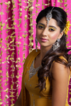 Beautiful Wedding Photograph Gold Flowers Leaves Backdrop Hanging Strands of Beads