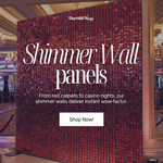Premium shimmer wall panels from ShopWildThings.com used as a modular event backdrop and photo booth wall with reflective active spangles