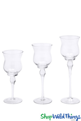 Glass Candle Holders Tulip Shaped Set of 3 Pcs for Centerpieces, Events, Weddings
