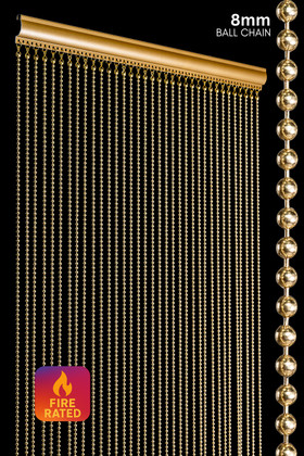 Brass metal ball chain beaded curtain with half density spacing, 34 strands per 34.5 inches, fireproof and USA made by ShopWildThings.com
